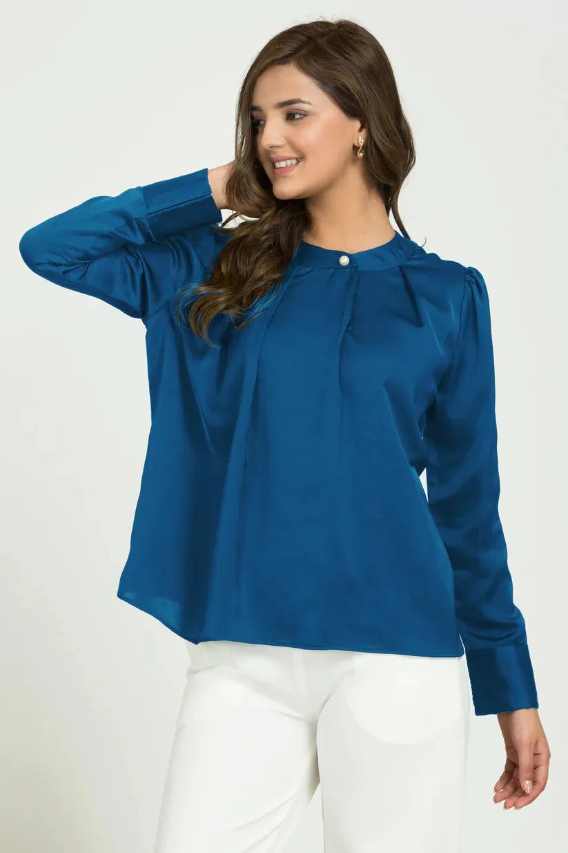Comfortable Ladies office High neck pleated top