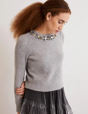Embellished Party Jumper-Grey, Embellished Collar