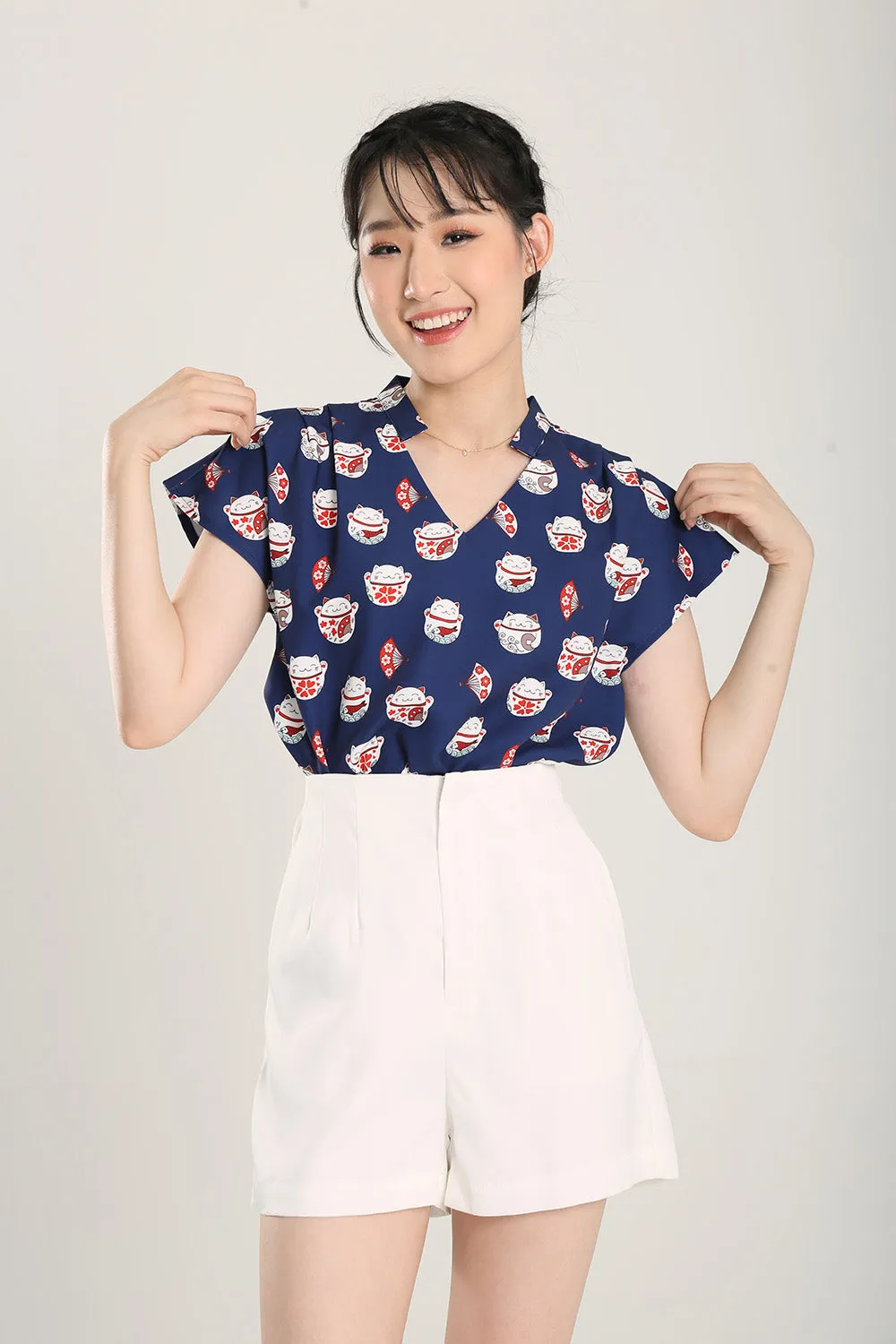 Fortune Cat Top in Navy Blue