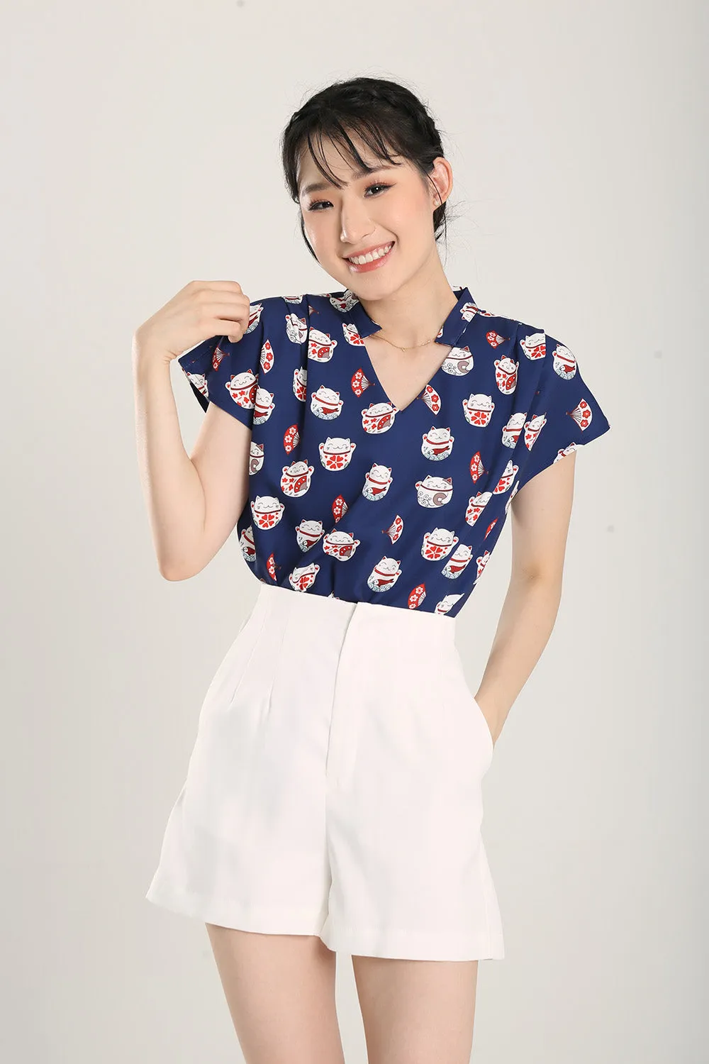 Fortune Cat Top in Navy Blue