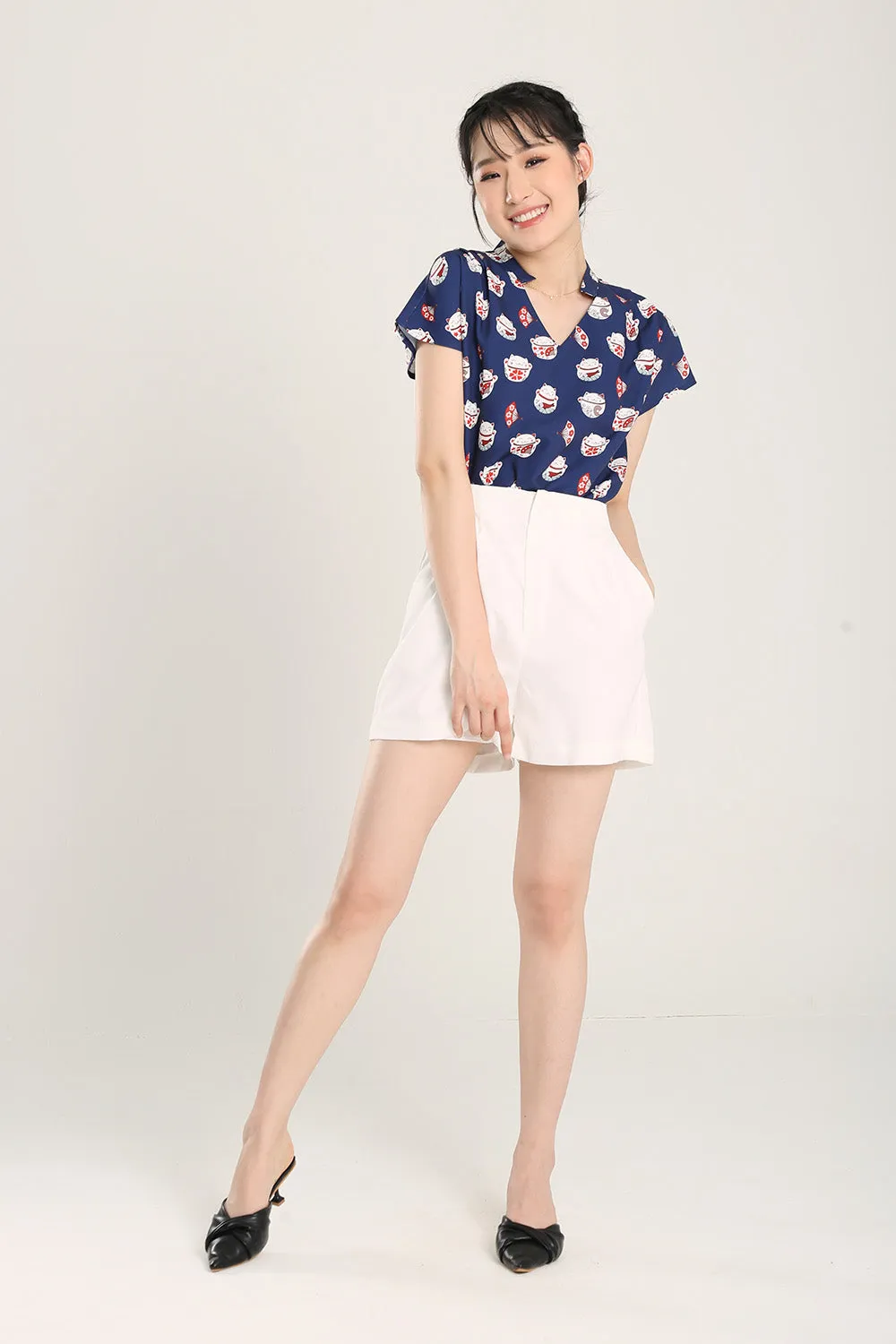 Fortune Cat Top in Navy Blue