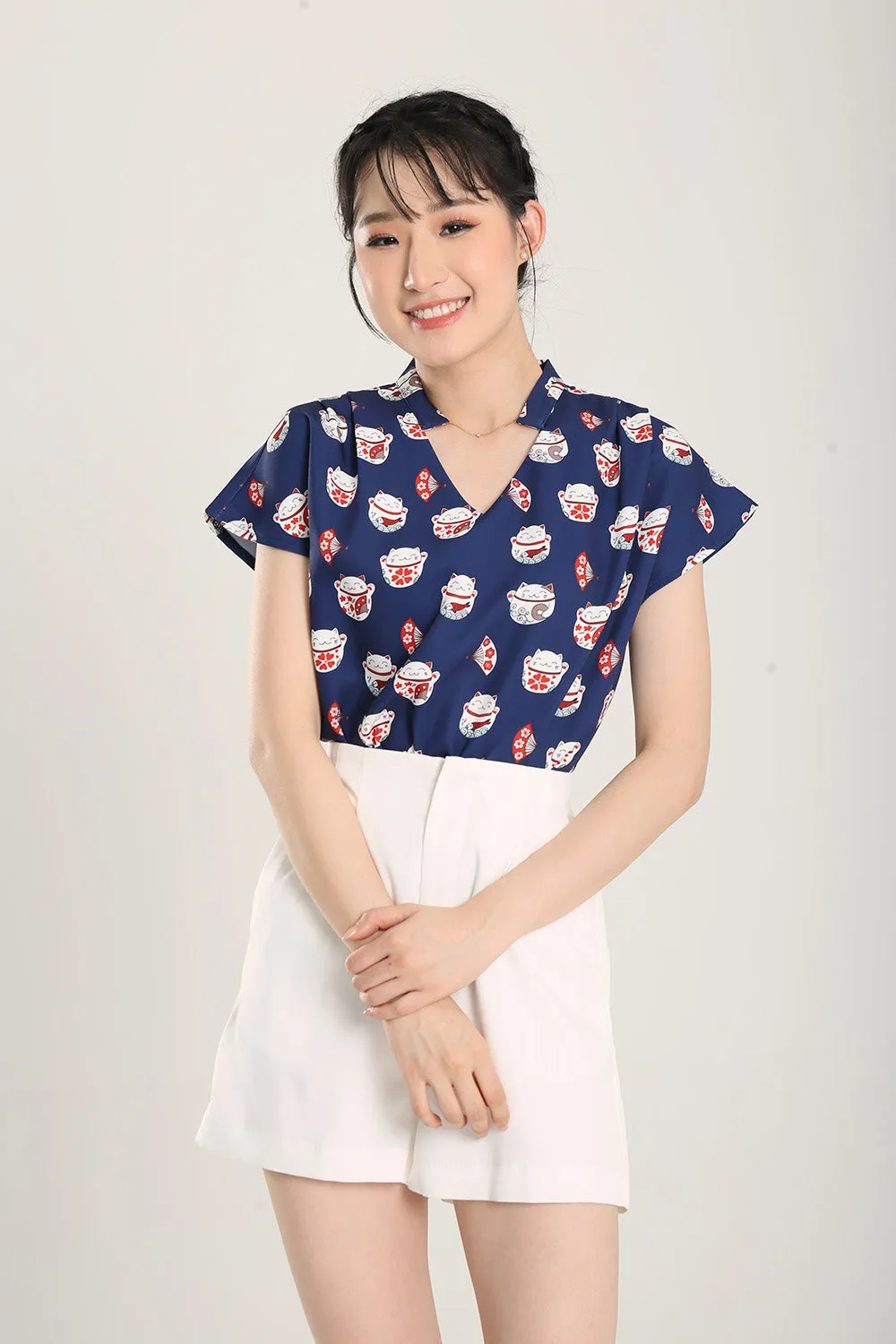 Fortune Cat Top in Navy Blue