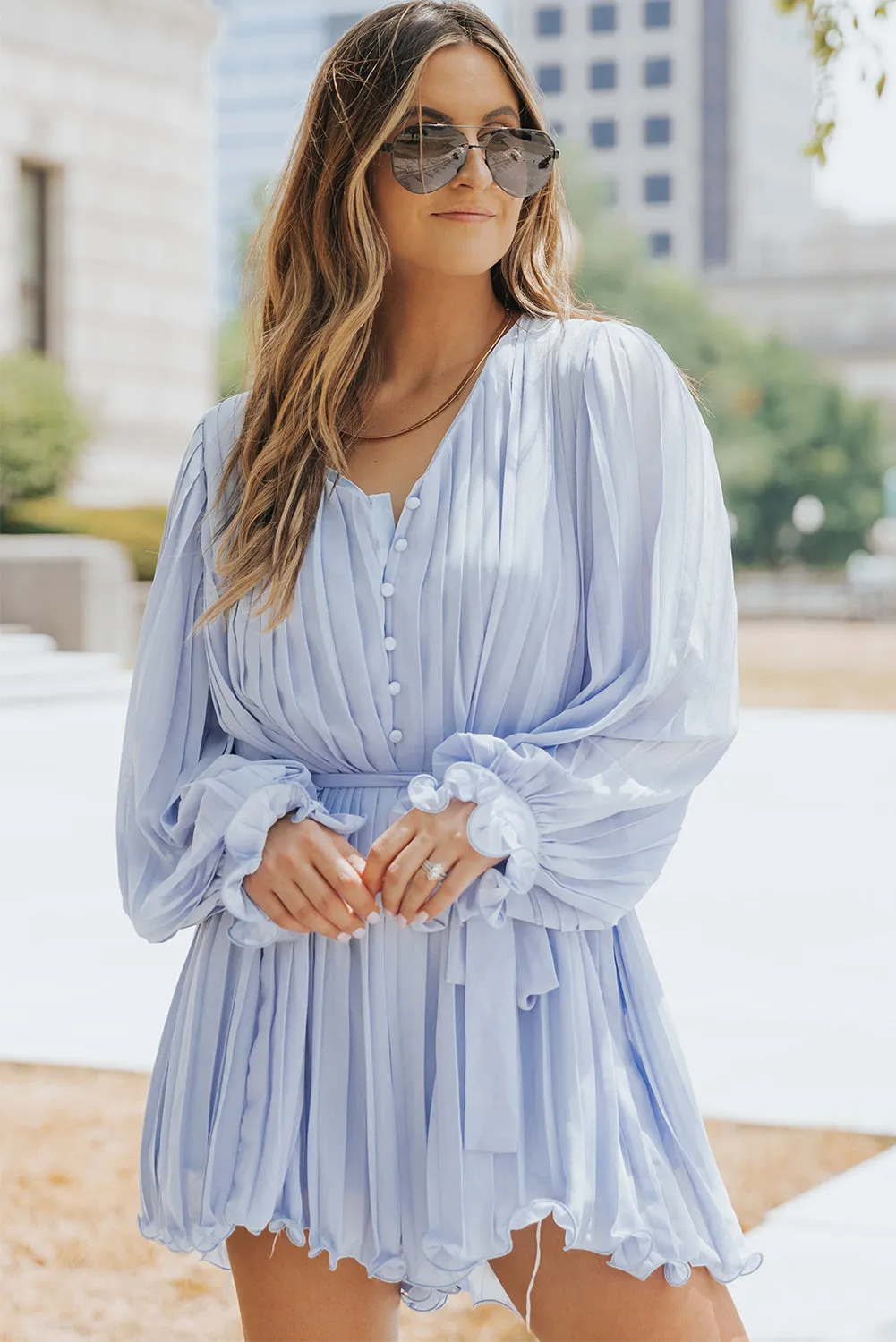 Irene Pleated Ruffled Tie Waist Buttons V Neck Romper