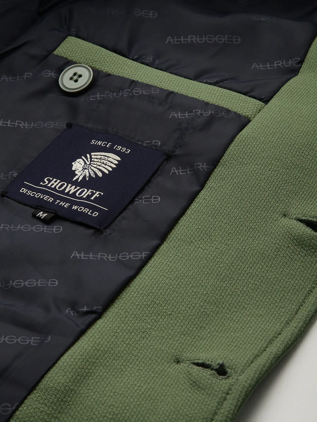 Men Olive Self Design Single-Breasted Blazers