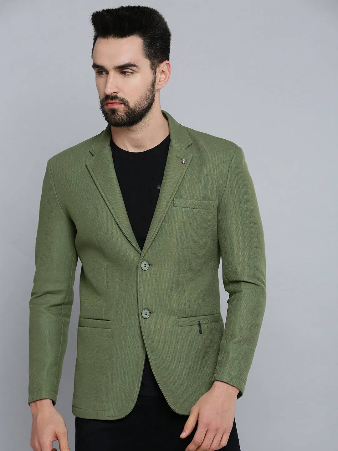 Men Olive Self Design Single-Breasted Blazers
