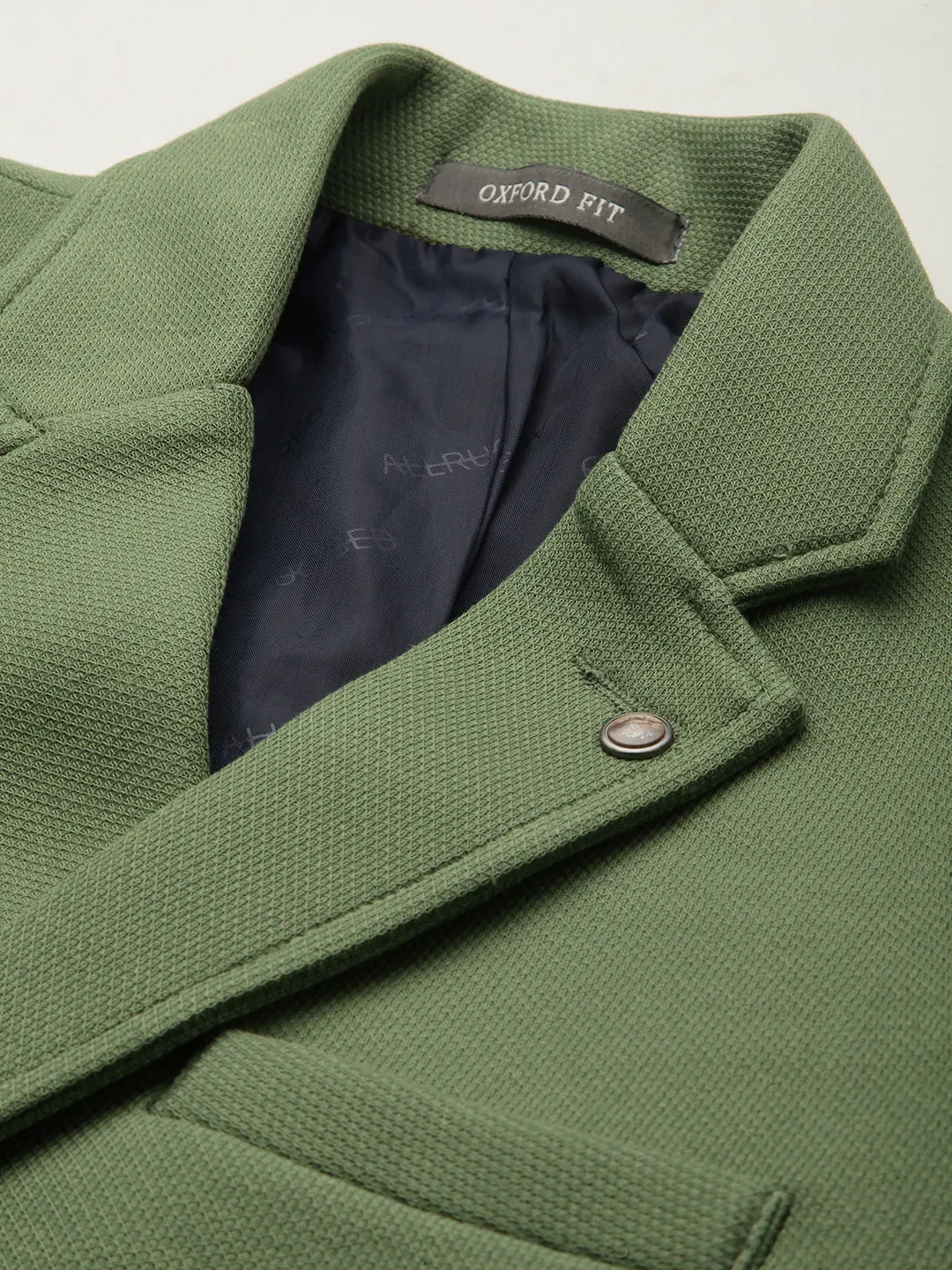 Men Olive Self Design Single-Breasted Blazers