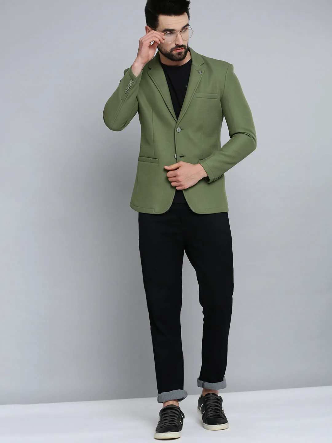 Men Olive Self Design Single-Breasted Blazers