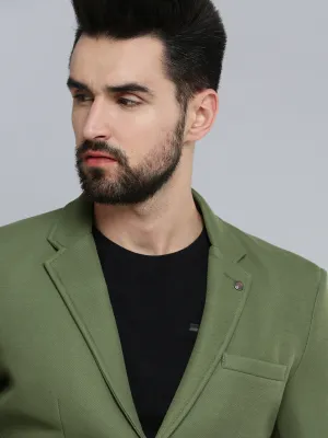 Men Olive Self Design Single-Breasted Blazers