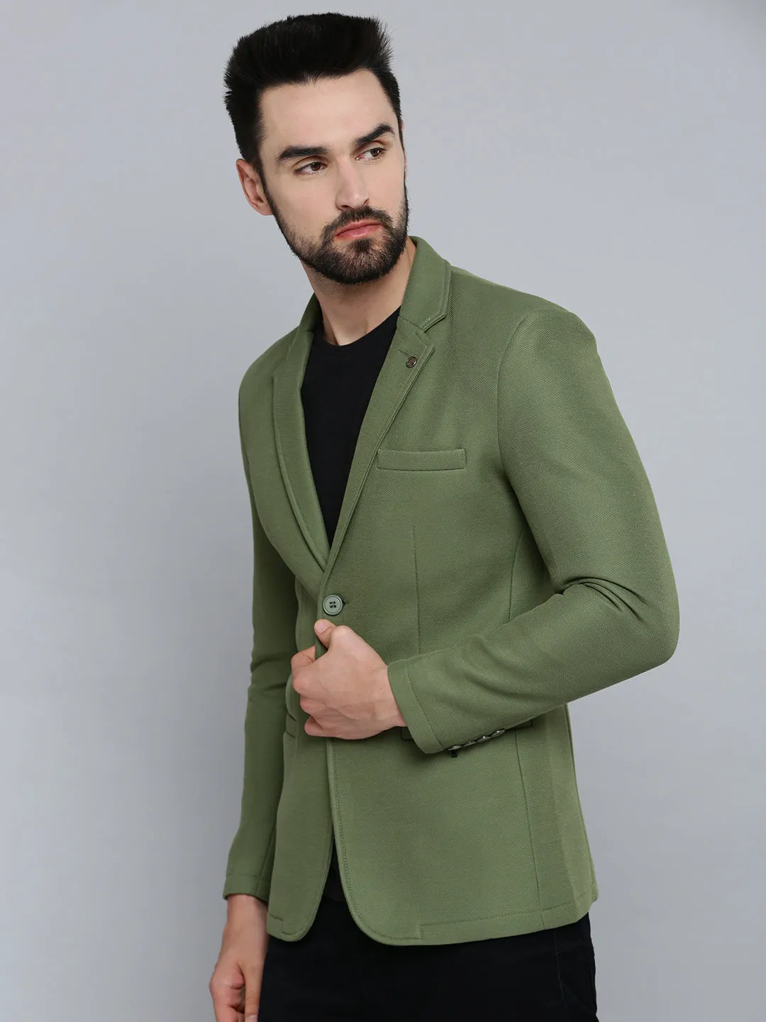 Men Olive Self Design Single-Breasted Blazers
