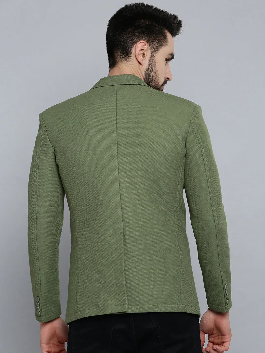 Men Olive Self Design Single-Breasted Blazers