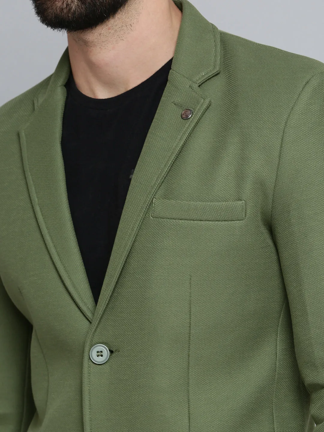 Men Olive Self Design Single-Breasted Blazers