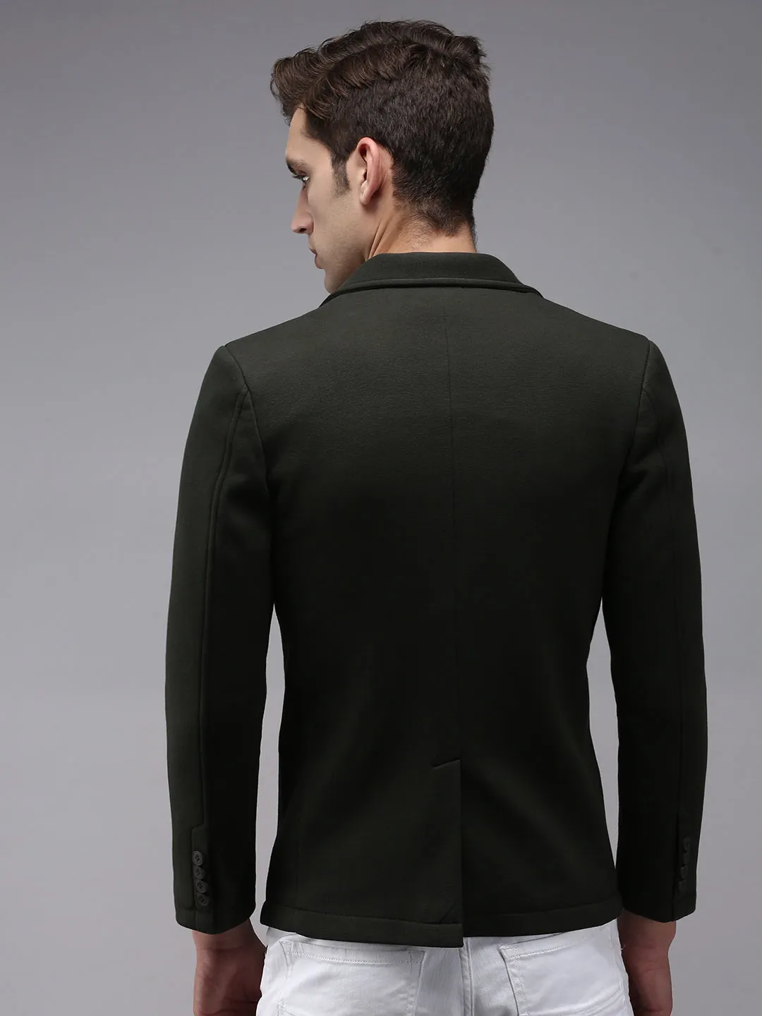 Men Olive Solid Single Breasted Blazers