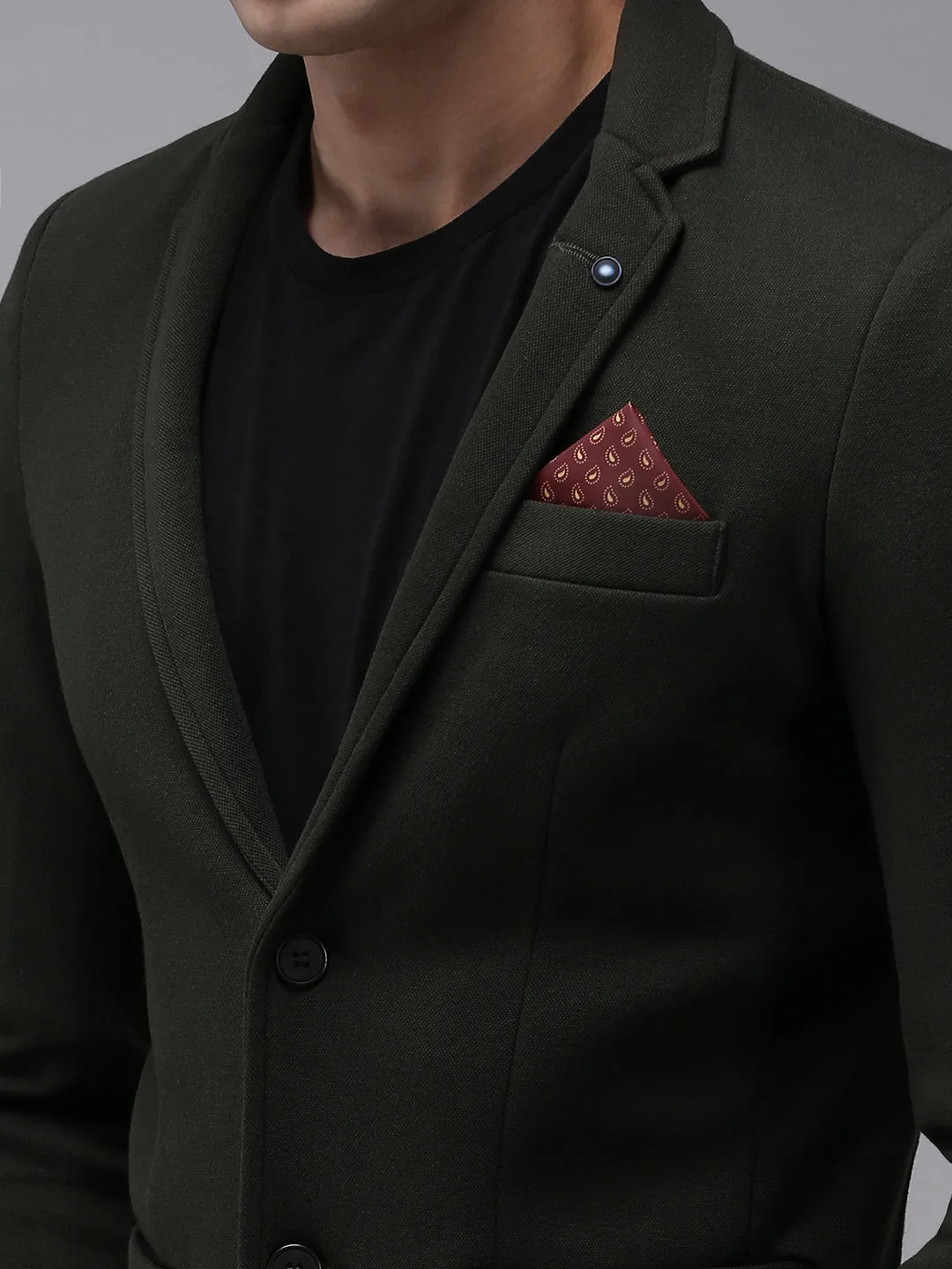 Men Olive Solid Single Breasted Blazers
