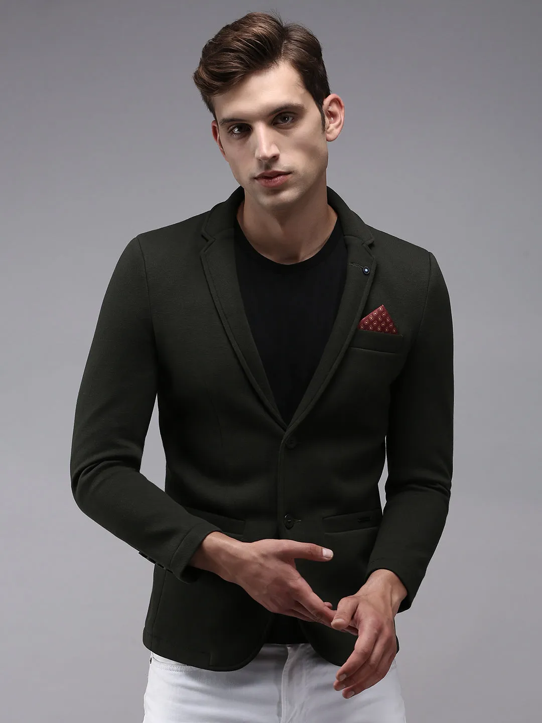 Men Olive Solid Single Breasted Blazers