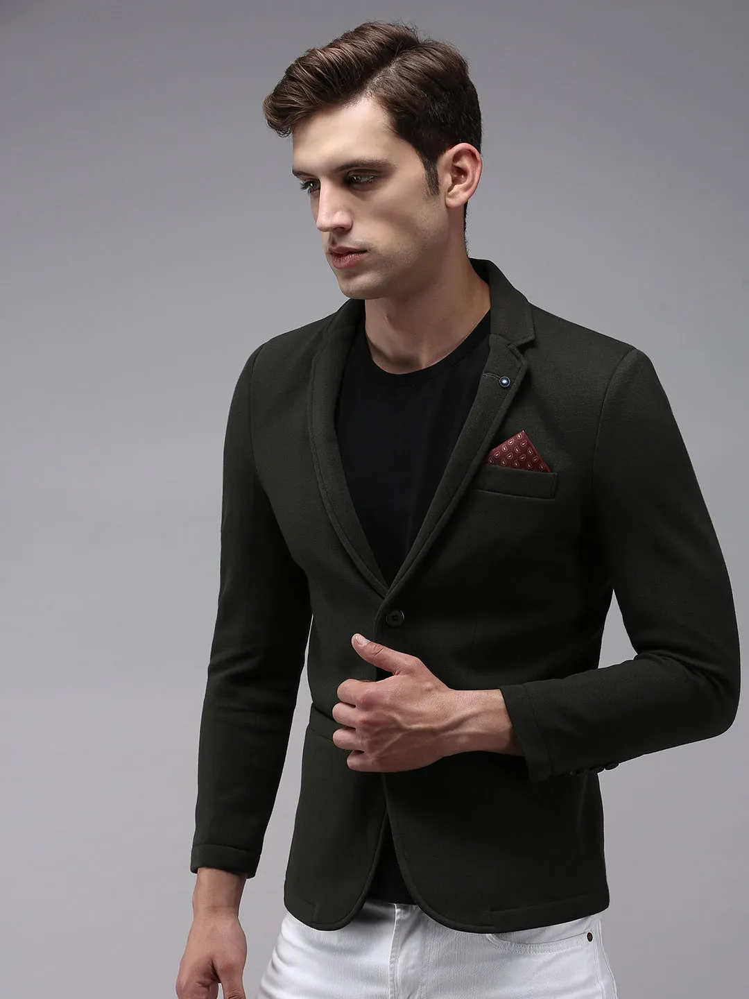 Men Olive Solid Single Breasted Blazers