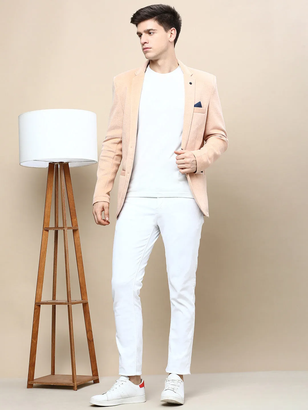 Men Peach Notched Lapel Slim-Fit Single Breasted Blazer