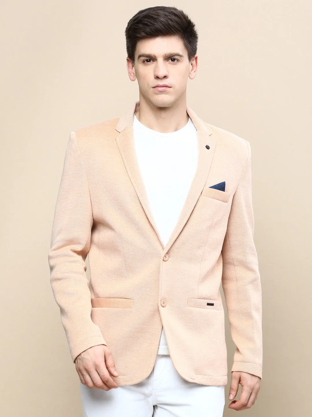Men Peach Notched Lapel Slim-Fit Single Breasted Blazer