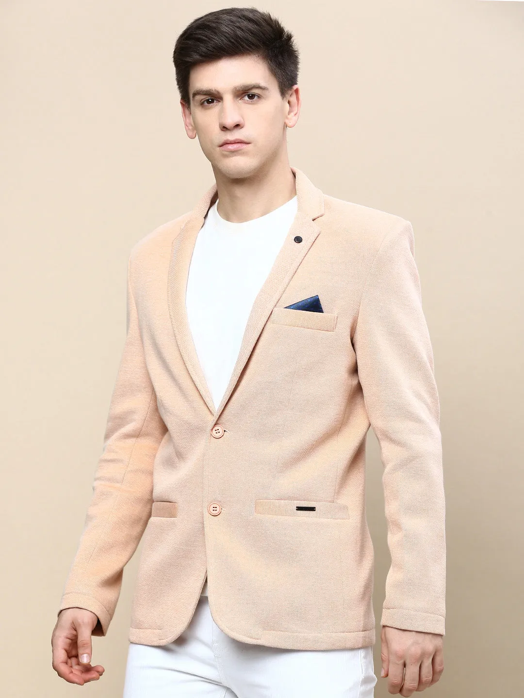 Men Peach Notched Lapel Slim-Fit Single Breasted Blazer