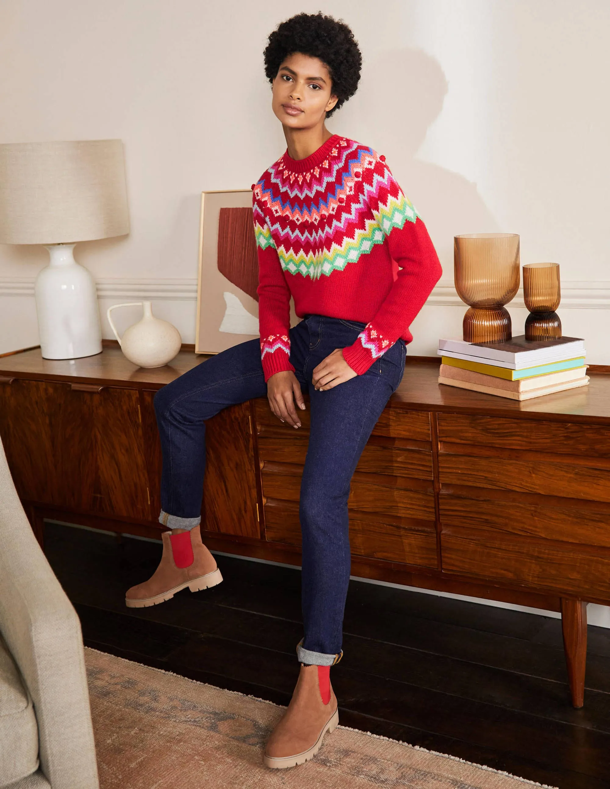 Relaxed Fair Isle Jumper-Rockabilly Red