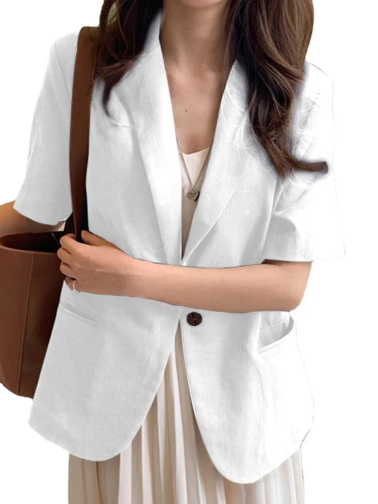 Solid Button Pocket Short Sleeve Casual Blazer