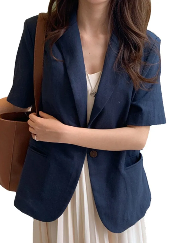 Solid Button Pocket Short Sleeve Casual Blazer