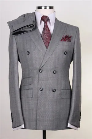 Suzhoufashion Bhavna Gray Double Breasted Striped Slim Fit Men Suits