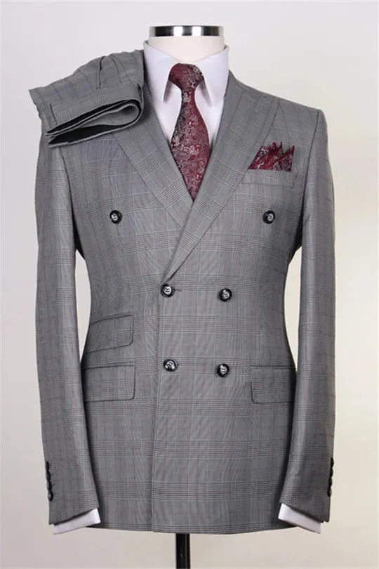 Suzhoufashion Bhavna Gray Double Breasted Striped Slim Fit Men Suits