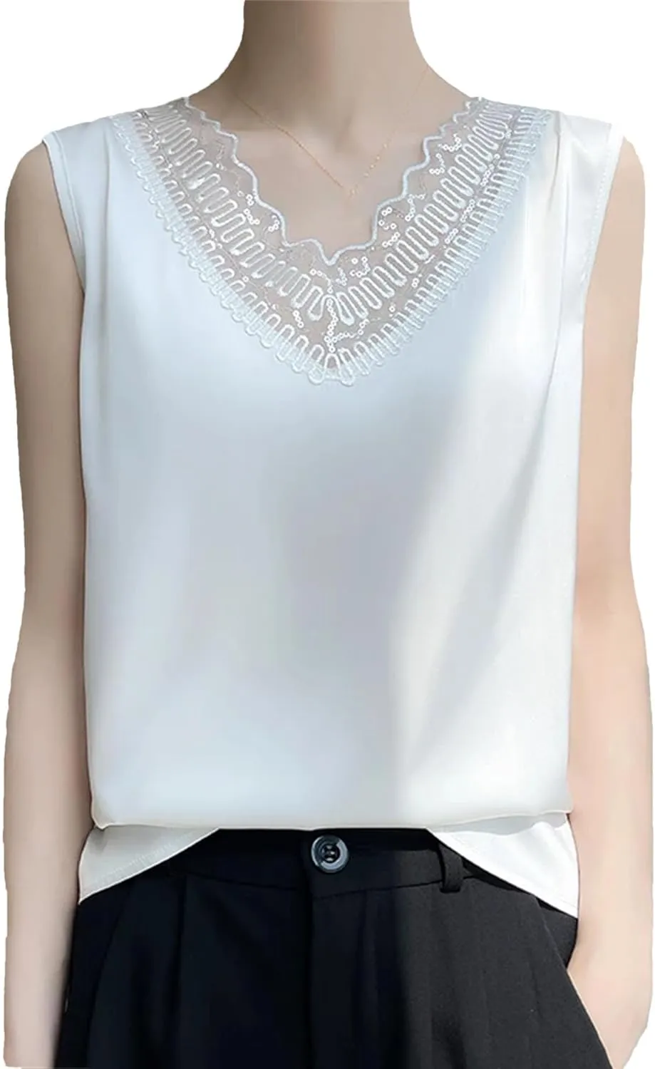 Women's Silk Satin V-Neck Tank Top Camisole Ruffle Lace Trim Sleeveless Vest Breathable Loose Shirt for Casual & Lounge Wear