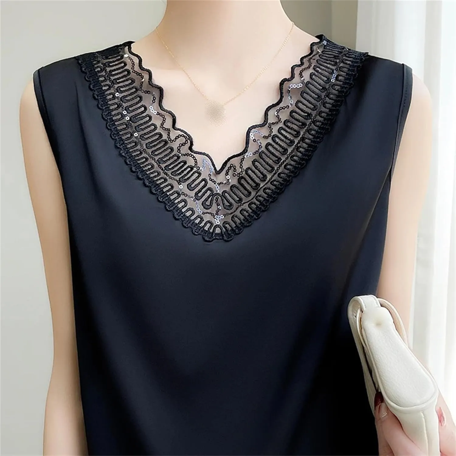 Women's Silk Satin V-Neck Tank Top Camisole Ruffle Lace Trim Sleeveless Vest Breathable Loose Shirt for Casual & Lounge Wear
