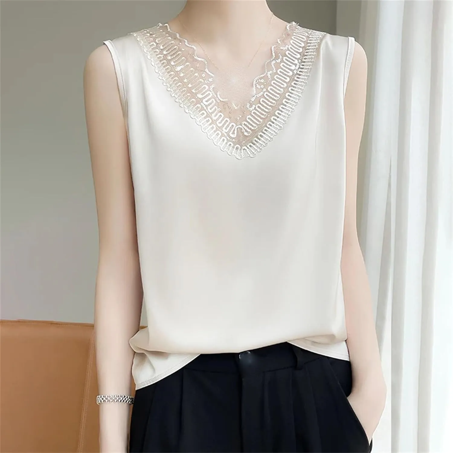 Women's Silk Satin V-Neck Tank Top Camisole Ruffle Lace Trim Sleeveless Vest Breathable Loose Shirt for Casual & Lounge Wear