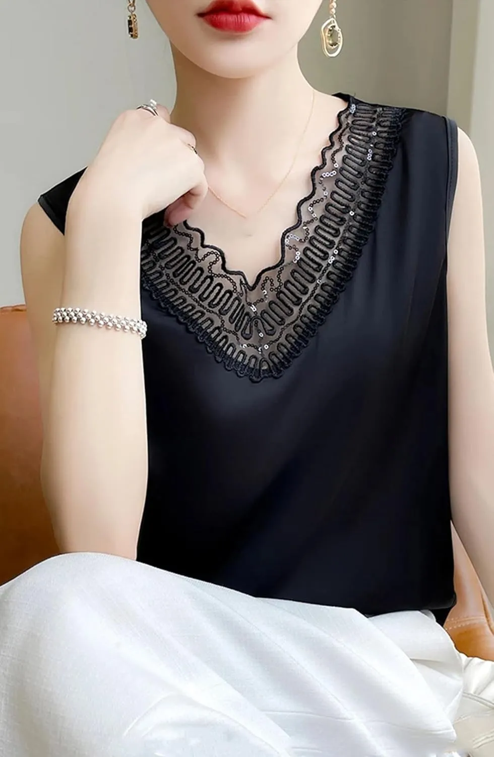 Women's Silk Satin V-Neck Tank Top Camisole Ruffle Lace Trim Sleeveless Vest Breathable Loose Shirt for Casual & Lounge Wear