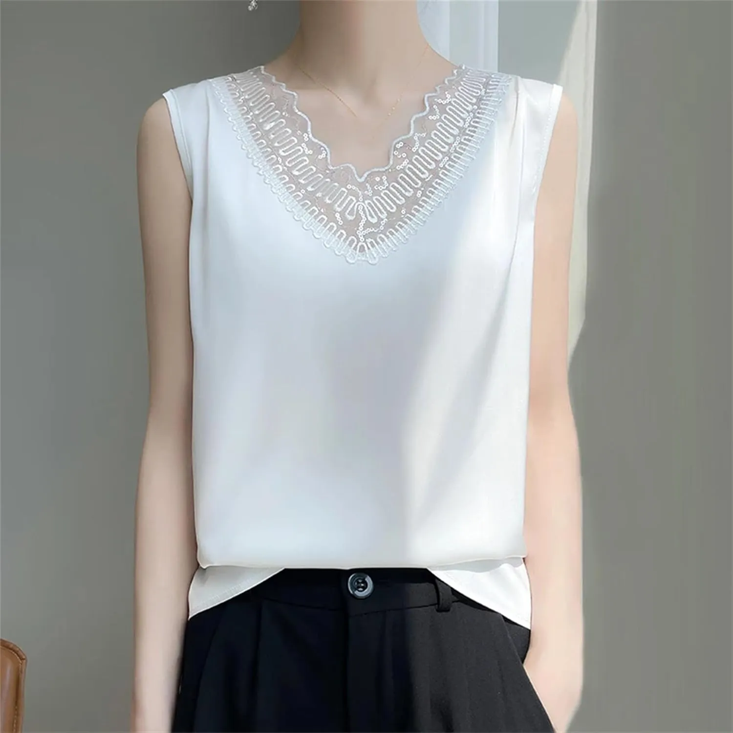 Women's Silk Satin V-Neck Tank Top Camisole Ruffle Lace Trim Sleeveless Vest Breathable Loose Shirt for Casual & Lounge Wear
