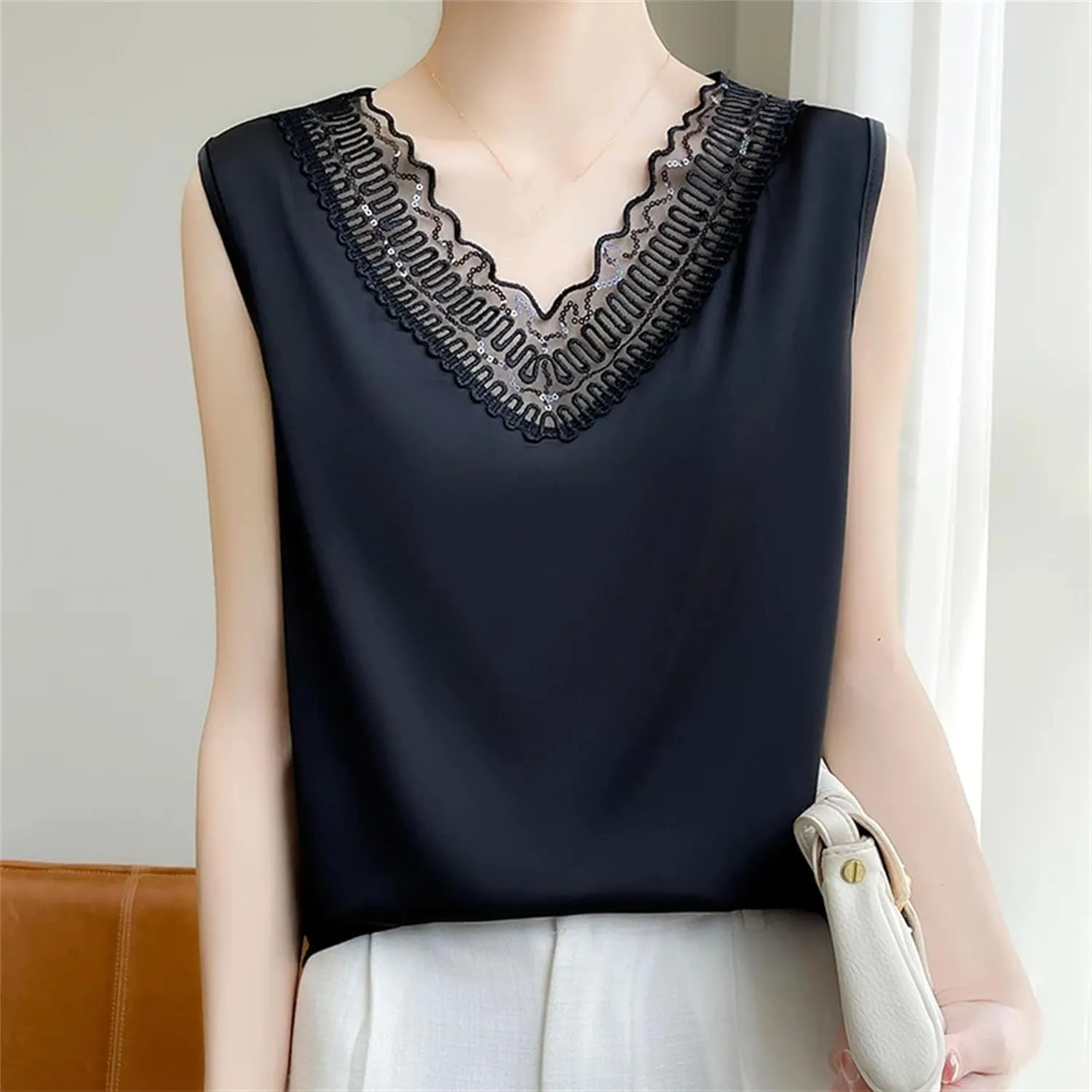 Women's Silk Satin V-Neck Tank Top Camisole Ruffle Lace Trim Sleeveless Vest Breathable Loose Shirt for Casual & Lounge Wear