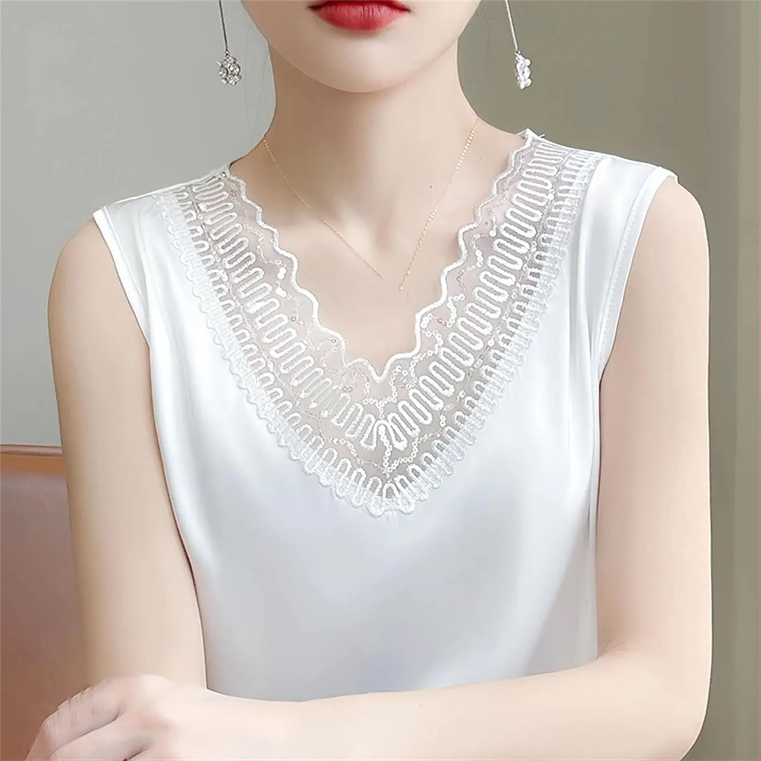 Women's Silk Satin V-Neck Tank Top Camisole Ruffle Lace Trim Sleeveless Vest Breathable Loose Shirt for Casual & Lounge Wear