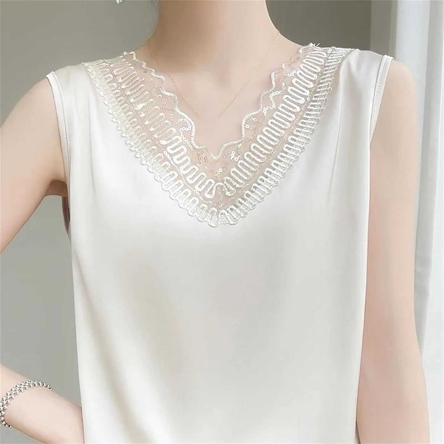 Women's Silk Satin V-Neck Tank Top Camisole Ruffle Lace Trim Sleeveless Vest Breathable Loose Shirt for Casual & Lounge Wear